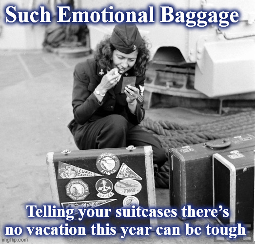 bags | Such Emotional Baggage; Telling your suitcases there’s no vacation this year can be tough | image tagged in bags | made w/ Imgflip meme maker