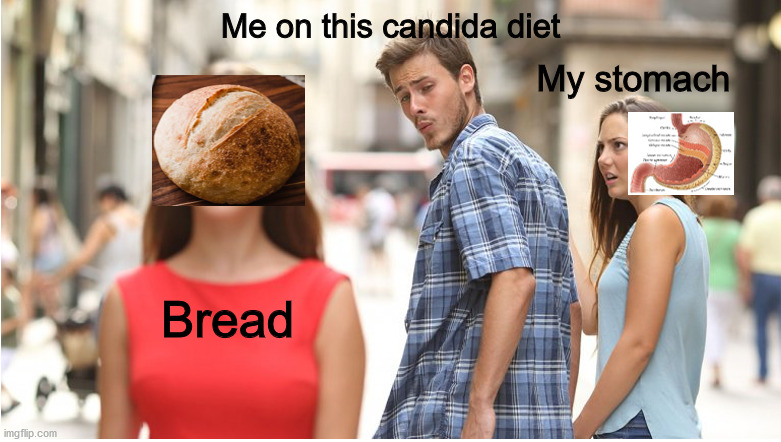 "Just looking" on a Candida diet | Me on this candida diet; My stomach; Bread | image tagged in bread,diet,stomach | made w/ Imgflip meme maker