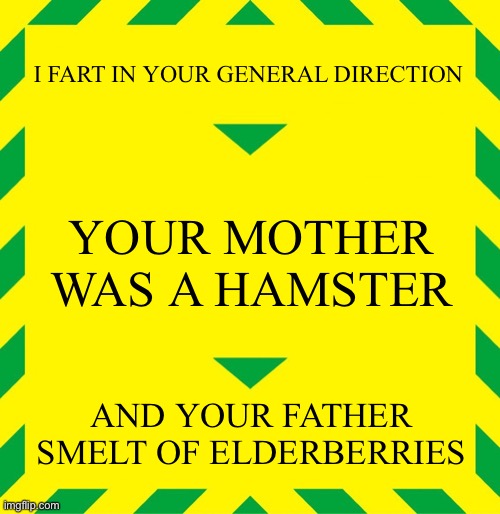 Stay Alert | I FART IN YOUR GENERAL DIRECTION; YOUR MOTHER WAS A HAMSTER; AND YOUR FATHER SMELT OF ELDERBERRIES | image tagged in stay alert | made w/ Imgflip meme maker