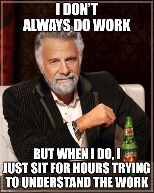 The Most Interesting Man In The World | I DON’T ALWAYS DO WORK; BUT WHEN I DO, I JUST SIT FOR HOURS TRYING TO UNDERSTAND THE WORK | image tagged in memes,the most interesting man in the world,work,funny memes | made w/ Imgflip meme maker