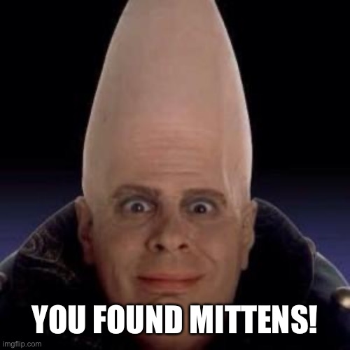cone head | YOU FOUND MITTENS! | image tagged in cone head | made w/ Imgflip meme maker