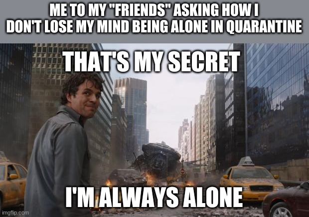 Yeah, a mood, I know | ME TO MY "FRIENDS" ASKING HOW I DON'T LOSE MY MIND BEING ALONE IN QUARANTINE; THAT'S MY SECRET; I'M ALWAYS ALONE | image tagged in hulk | made w/ Imgflip meme maker