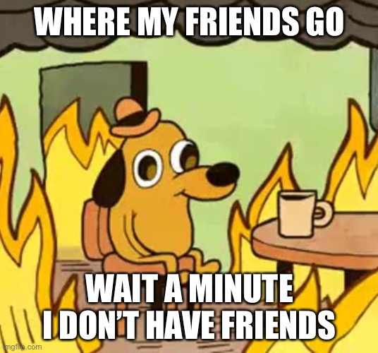 Its fine | WHERE MY FRIENDS GO; WAIT A MINUTE I DON’T HAVE FRIENDS | image tagged in its fine | made w/ Imgflip meme maker