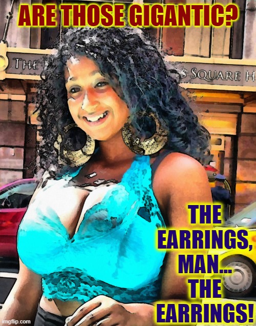 Pat Attention: Details Count | ARE THOSE GIGANTIC? THE EARRINGS, MAN... THE EARRINGS! | image tagged in vince vance,earrings,pretty girl,brunette,new memes,funny memes | made w/ Imgflip meme maker