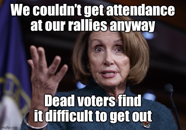 Good old Nancy Pelosi | We couldn’t get attendance at our rallies anyway Dead voters find it difficult to get out | image tagged in good old nancy pelosi | made w/ Imgflip meme maker