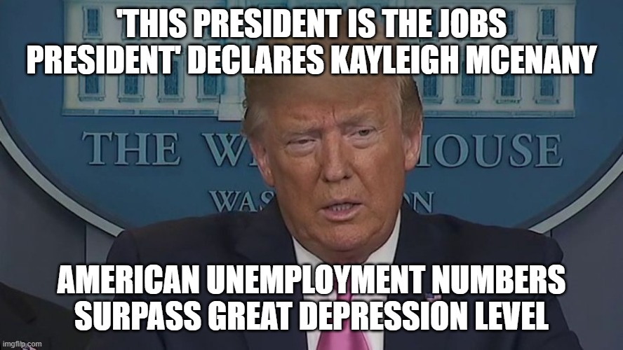 'This president is the jobs president' declares Kayleigh McEnany. American unemployment numbers surpass Great Depression level. | 'THIS PRESIDENT IS THE JOBS PRESIDENT' DECLARES KAYLEIGH MCENANY; AMERICAN UNEMPLOYMENT NUMBERS SURPASS GREAT DEPRESSION LEVEL | image tagged in if only you knew how bad things really are | made w/ Imgflip meme maker