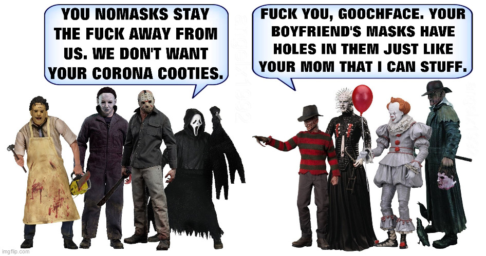 image tagged in coronavirus,horror movie,masks,covid-19,monsters | made w/ Imgflip meme maker