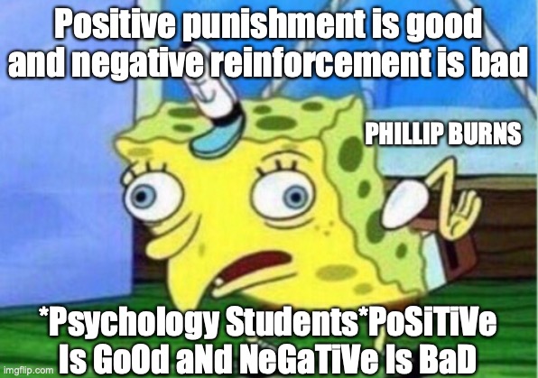 Psychology Memes | Positive punishment is good and negative reinforcement is bad; PHILLIP BURNS; *Psychology Students*PoSiTiVe Is GoOd aNd NeGaTiVe Is BaD | image tagged in memes,mocking spongebob | made w/ Imgflip meme maker