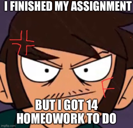 Random meme | I FINISHED MY ASSIGNMENT; BUT I GOT 14 HOMEOWORK TO DO | image tagged in school meme | made w/ Imgflip meme maker