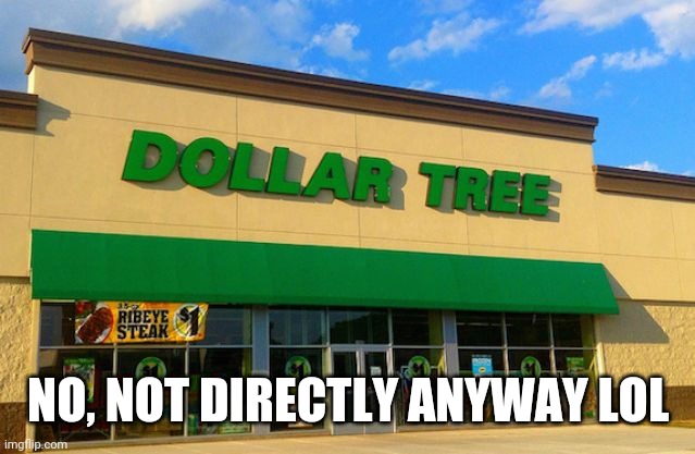 Dollar Tree | NO, NOT DIRECTLY ANYWAY LOL | image tagged in dollar tree | made w/ Imgflip meme maker