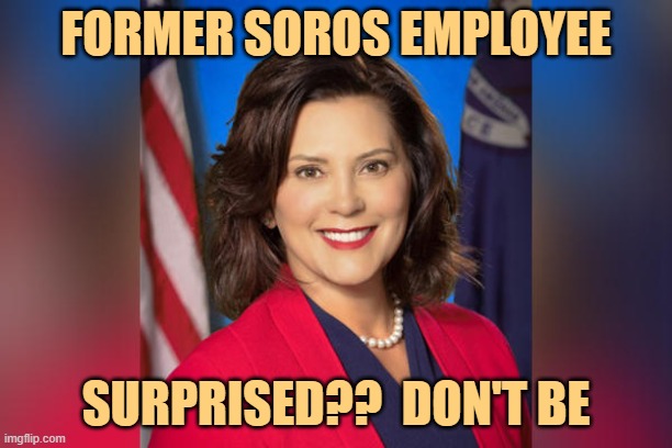 Now it makes sense, doesn't it? | FORMER SOROS EMPLOYEE; SURPRISED??  DON'T BE | image tagged in govenor gretchen whitmer | made w/ Imgflip meme maker