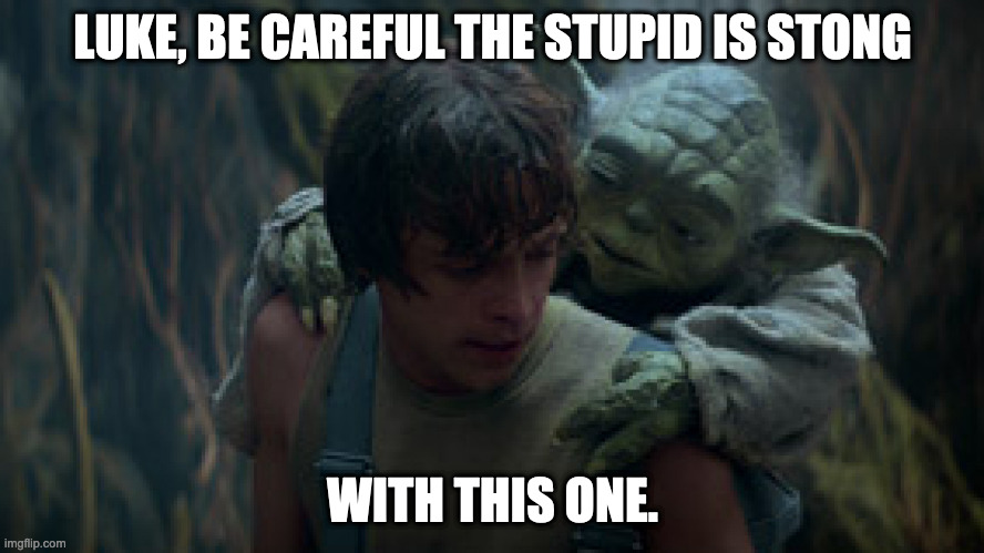 yoda and luke skywalker star wars | LUKE, BE CAREFUL THE STUPID IS STONG; WITH THIS ONE. | image tagged in yoda and luke skywalker star wars | made w/ Imgflip meme maker