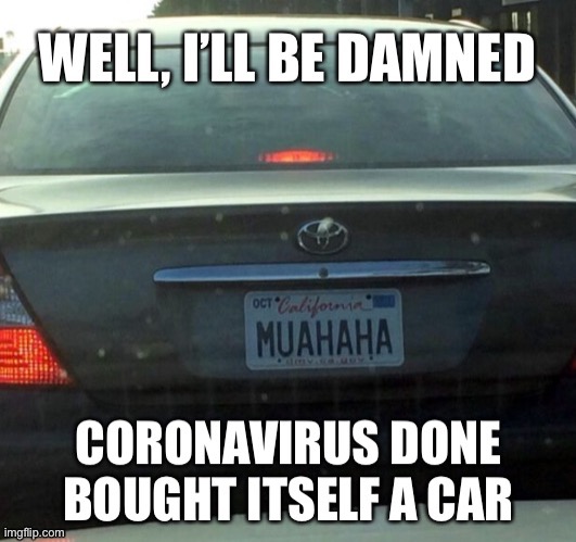 CORONAVIRUS MEMES: Covid-19 Bought a Car | image tagged in coronavirus,funny,memes,covid-19,license plate,coronavirus meme | made w/ Imgflip meme maker