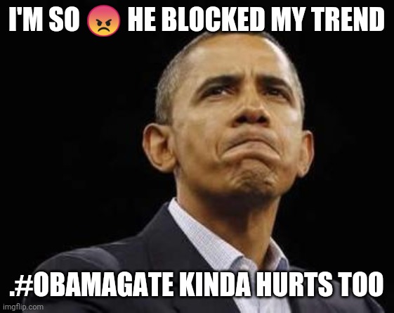 vlad putin obama mad tantrum | I'M SO 😠 HE BLOCKED MY TREND; .#OBAMAGATE KINDA HURTS TOO | image tagged in vlad putin obama mad tantrum | made w/ Imgflip meme maker