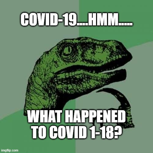 What About the First 18 COVIDS? | COVID-19....HMM..... WHAT HAPPENED TO COVID 1-18? | image tagged in memes,philosoraptor,coronavirus,covid-19,pandemic,lockdown | made w/ Imgflip meme maker