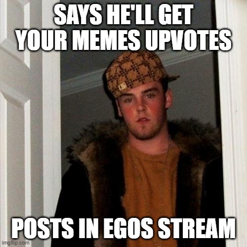 Well that won't work | SAYS HE'LL GET YOUR MEMES UPVOTES; POSTS IN EGOS STREAM | image tagged in memes,scumbag steve,egos,upvotes | made w/ Imgflip meme maker
