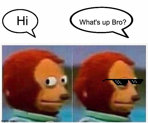 Bruh Moment | Hi; What's up Bro? | image tagged in memes,monkey puppet,cool | made w/ Imgflip meme maker