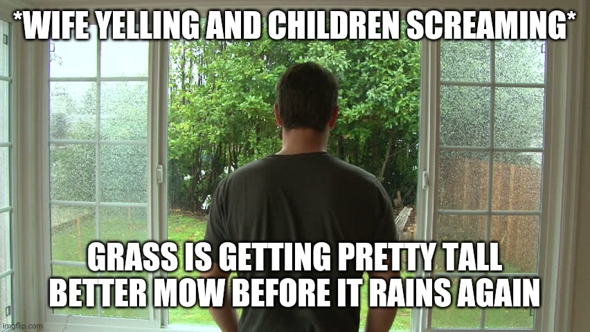 *WIFE YELLING AND CHILDREN SCREAMING*; GRASS IS GETTING PRETTY TALL BETTER MOW BEFORE IT RAINS AGAIN | image tagged in dad,husband | made w/ Imgflip meme maker