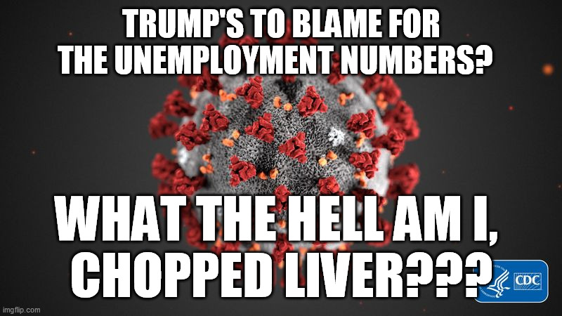 Covid 19 | TRUMP'S TO BLAME FOR THE UNEMPLOYMENT NUMBERS? WHAT THE HELL AM I, 
CHOPPED LIVER??? | image tagged in covid 19 | made w/ Imgflip meme maker