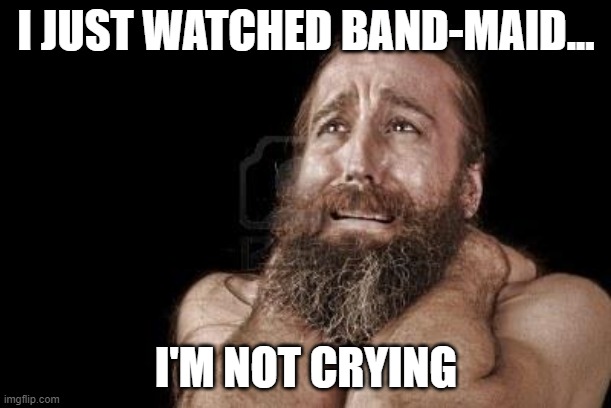 Beard man crying | I JUST WATCHED BAND-MAID... I'M NOT CRYING | image tagged in beard man crying | made w/ Imgflip meme maker