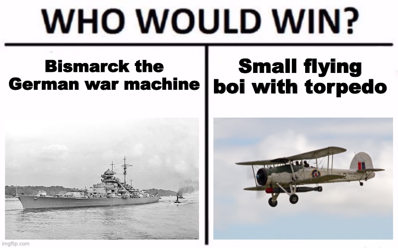 Who Would Win? | Bismarck the German war machine; Small flying boi with torpedo | image tagged in memes,who would win | made w/ Imgflip meme maker