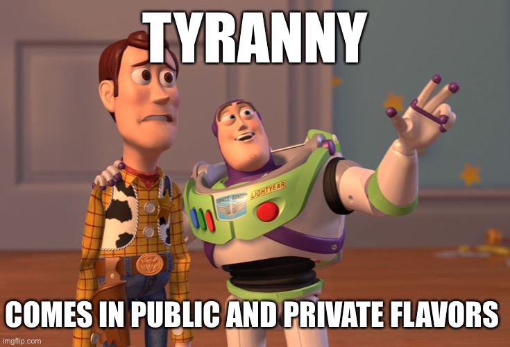 Conservatives seem more concerned with abuses carried out by governments, but private abuses happen, too | TYRANNY; COMES IN PUBLIC AND PRIVATE FLAVORS | image tagged in x x everywhere,tyranny,abuse,rape,big government,government | made w/ Imgflip meme maker