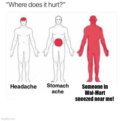 The terror is real! | Someone in Wal-Mart sneezed near me! | image tagged in where does it hurt,covid-19,terror | made w/ Imgflip meme maker