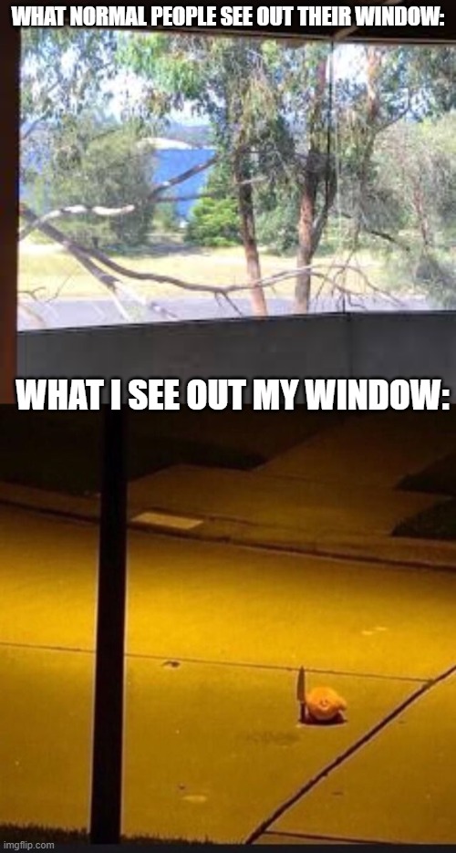 lock the doors. | WHAT NORMAL PEOPLE SEE OUT THEIR WINDOW:; WHAT I SEE OUT MY WINDOW: | image tagged in kirby,memes,funny,windows | made w/ Imgflip meme maker