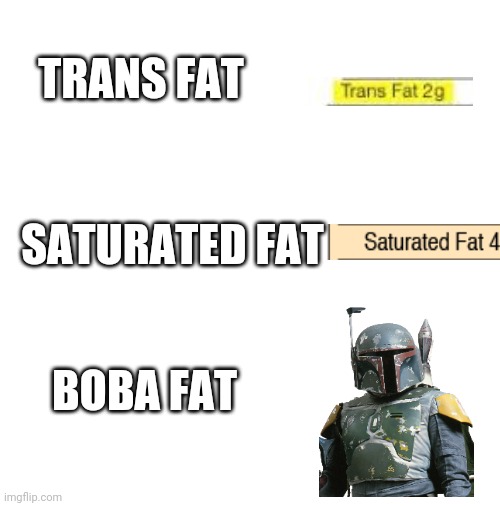 Boba fat meme | TRANS FAT; SATURATED FAT; BOBA FAT | image tagged in blank | made w/ Imgflip meme maker