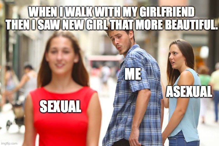 Distracted Boyfriend Meme | SEXUAL ME ASEXUAL WHEN I WALK WITH MY GIRLFRIEND THEN I SAW NEW GIRL THAT MORE BEAUTIFUL. | image tagged in memes,distracted boyfriend | made w/ Imgflip meme maker