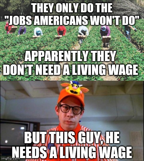 Inconsistent logic | THEY ONLY DO THE "JOBS AMERICANS WON'T DO"; APPARENTLY THEY DON'T NEED A LIVING WAGE; BUT THIS GUY, HE NEEDS A LIVING WAGE | image tagged in fast food worker,migrant workers,memes | made w/ Imgflip meme maker
