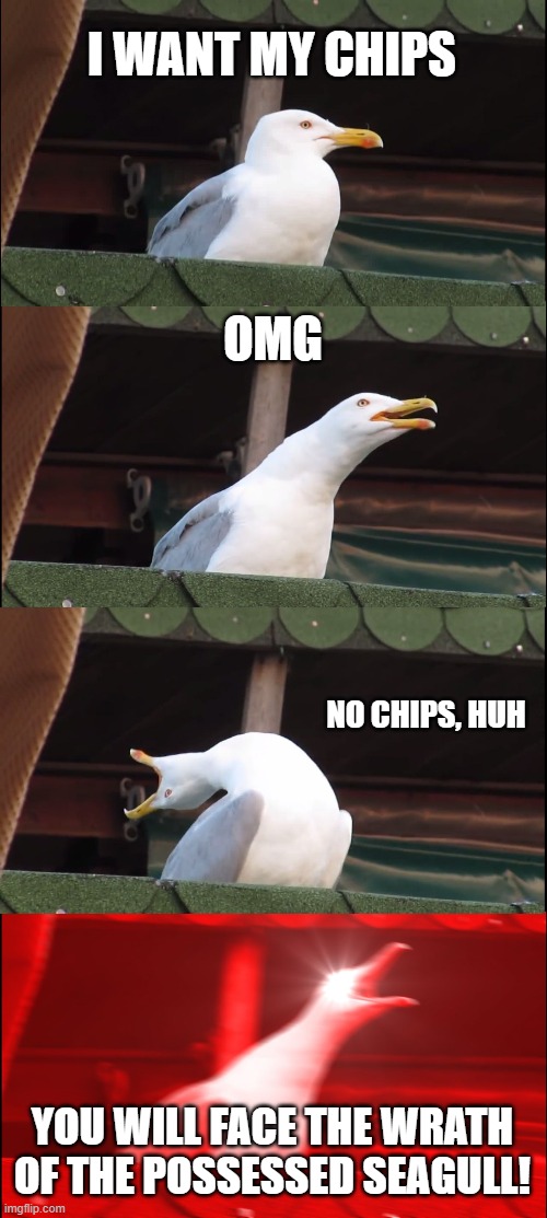 angry seagull | I WANT MY CHIPS; OMG; NO CHIPS, HUH; YOU WILL FACE THE WRATH OF THE POSSESSED SEAGULL! | image tagged in memes,inhaling seagull,the devil | made w/ Imgflip meme maker