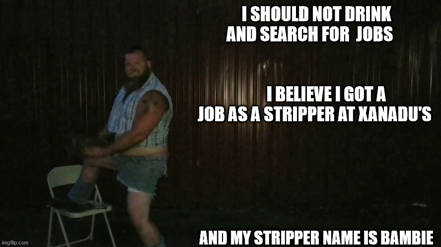 Job Search | I SHOULD NOT DRINK AND SEARCH FOR  JOBS                                                            I BELIEVE I GOT A JOB AS A STRIPPER AT XANADU'S; AND MY STRIPPER NAME IS BAMBIE | image tagged in stripper | made w/ Imgflip meme maker