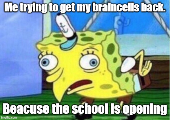 Mocking Spongebob | Me trying to get my braincells back. Beacuse the school is opening | image tagged in memes,mocking spongebob | made w/ Imgflip meme maker