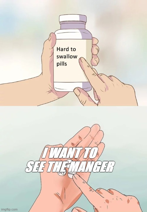 Hard To Swallow Pills | I WANT TO SEE THE MANGER | image tagged in memes,hard to swallow pills | made w/ Imgflip meme maker