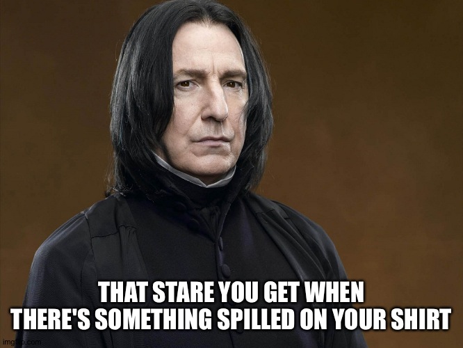 Severus Snape | THAT STARE YOU GET WHEN THERE'S SOMETHING SPILLED ON YOUR SHIRT | image tagged in severus snape | made w/ Imgflip meme maker