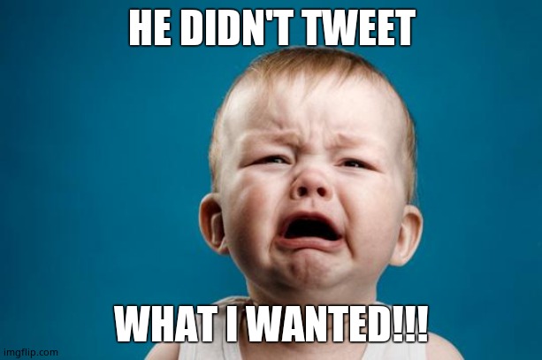 BABY CRYING | HE DIDN'T TWEET WHAT I WANTED!!! | image tagged in baby crying | made w/ Imgflip meme maker