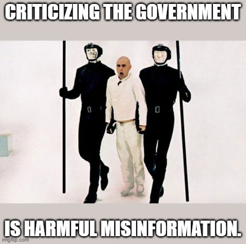 harmful misinfo | CRITICIZING THE GOVERNMENT; IS HARMFUL MISINFORMATION. | image tagged in misinformation,government,dystopia | made w/ Imgflip meme maker