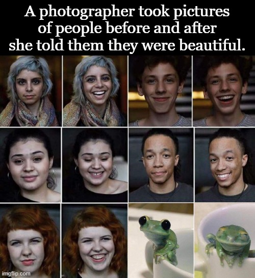 Happy Frog | A photographer took pictures of people before and after she told them they were beautiful. | image tagged in frog | made w/ Imgflip meme maker