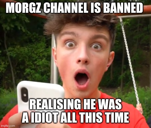 Morgz is an idiot | MORGZ CHANNEL IS BANNED; REALISING HE WAS A IDIOT ALL THIS TIME | image tagged in morgz is an idiot | made w/ Imgflip meme maker