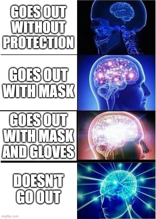 Going out during conoravirus quarantine | GOES OUT WITHOUT PROTECTION; GOES OUT WITH MASK; GOES OUT WITH MASK AND GLOVES; DOESN'T GO OUT | image tagged in memes,expanding brain,coronavirus | made w/ Imgflip meme maker