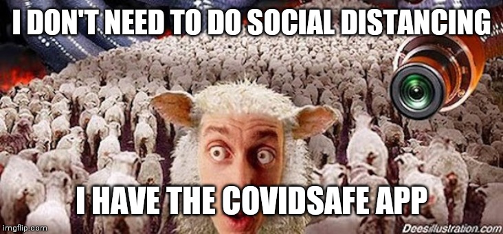 Sheeple | I DON'T NEED TO DO SOCIAL DISTANCING; I HAVE THE COVIDSAFE APP | image tagged in sheeple | made w/ Imgflip meme maker