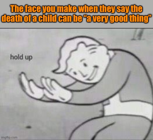 Self-explanatory. | The face you make when they say the death of a child can be “a very good thing” | image tagged in fallout hold up,child abuse,child,hold up,conservative logic,yikes | made w/ Imgflip meme maker