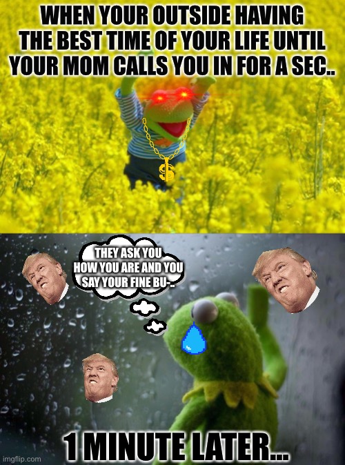 How my experiences through quarantine are like ? |  WHEN YOUR OUTSIDE HAVING THE BEST TIME OF YOUR LIFE UNTIL YOUR MOM CALLS YOU IN FOR A SEC.. THEY ASK YOU HOW YOU ARE AND YOU SAY YOUR FINE BU-.. 1 MINUTE LATER... | image tagged in sad kermit,happy kermit,memes,funny memes | made w/ Imgflip meme maker