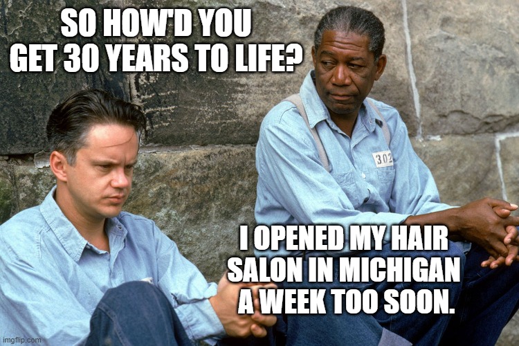 30 to Life! | SO HOW'D YOU GET 30 YEARS TO LIFE? I OPENED MY HAIR 
SALON IN MICHIGAN 
A WEEK TOO SOON. | image tagged in shawshank,michigan,lockdown,whitmer,covid-19,coronavirus | made w/ Imgflip meme maker
