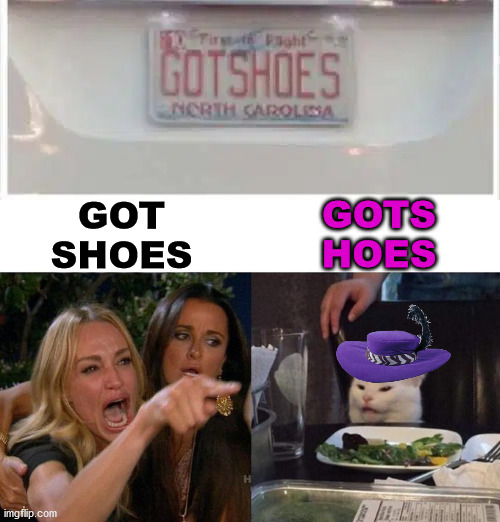 Either way it is a weird license plate. | GOTS
HOES; GOT
SHOES | image tagged in memes,woman yelling at cat,funny license plate | made w/ Imgflip meme maker