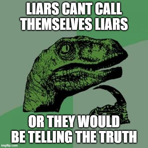 Philosoraptor Meme | LIARS CANT CALL THEMSELVES LIARS; OR THEY WOULD BE TELLING THE TRUTH | image tagged in memes,philosoraptor | made w/ Imgflip meme maker