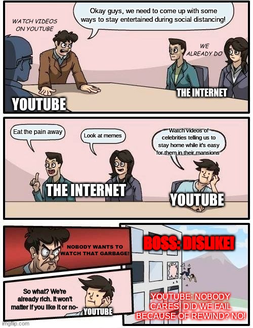 YouTube,This Doesn't Help (Watch the video this is based off of here: https://youtu.be/6egQkFx7UkM) | Okay guys, we need to come up with some ways to stay entertained during social distancing! WATCH VIDEOS ON YOUTUBE; WE ALREADY DO; THE INTERNET; YOUTUBE; Eat the pain away; Watch videos of celebrities telling us to stay home while it's easy for them in their mansions; Look at memes; THE INTERNET; YOUTUBE; BOSS: DISLIKE! NOBODY WANTS TO WATCH THAT GARBAGE! So what? We're already rich. It won't matter if you like it or no-; YOUTUBE: NOBODY CARES! DID WE FAIL BECAUSE OF REWIND? NO! YOUTUBE | image tagged in memes,boardroom meeting suggestion | made w/ Imgflip meme maker