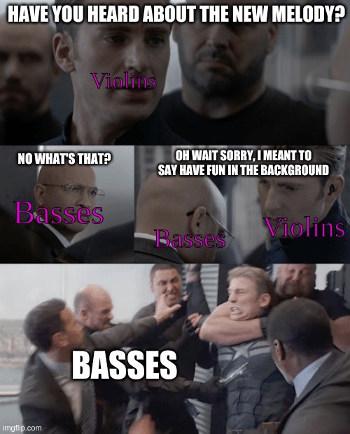 Orchestra Meme | HAVE YOU HEARD ABOUT THE NEW MELODY? Violins; NO WHAT'S THAT? OH WAIT SORRY, I MEANT TO SAY HAVE FUN IN THE BACKGROUND; Basses; Violins; Basses; BASSES | image tagged in captain america elevator | made w/ Imgflip meme maker