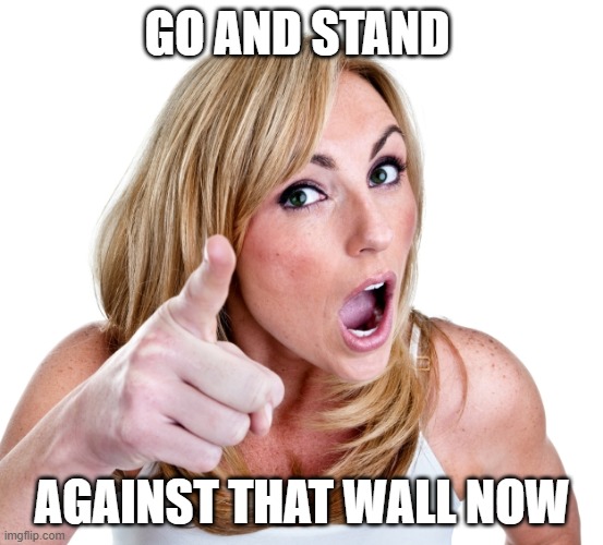 authority figure | GO AND STAND; AGAINST THAT WALL NOW | image tagged in control,rules,teacher | made w/ Imgflip meme maker